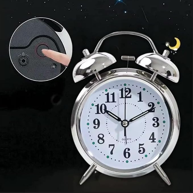 ✨ Retro Twin Bell Metal Table Clock | Silent Sweep Movement, Night Backlight & High-Volume Loud Alarm – 4.5" (Silver Vintage) ⏰