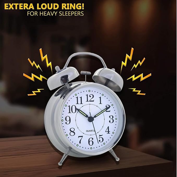 ✨ Retro Twin Bell Metal Table Clock | Silent Sweep Movement, Night Backlight & High-Volume Loud Alarm – 4.5" (Silver Vintage) ⏰
