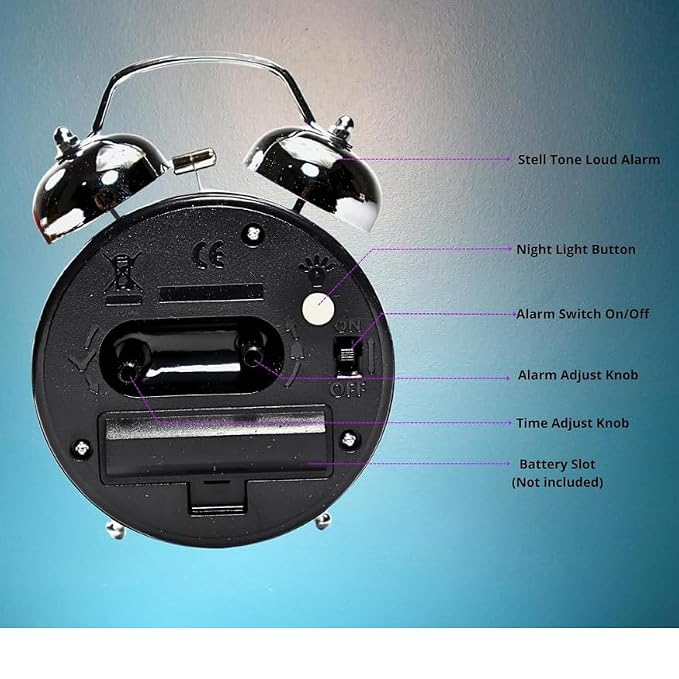 ✨ Retro Twin Bell Metal Table Clock | Silent Sweep Movement, Night Backlight & High-Volume Loud Alarm – 4.5" (Silver Vintage) ⏰