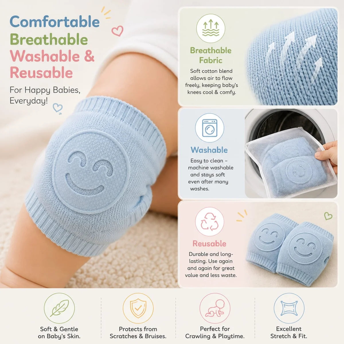 ✨ Baby Anti-Slip Crawling Knee Pads | Breathable Cotton Elbow & Knee Protector – [Buy 1 Get 1 Free] 👶