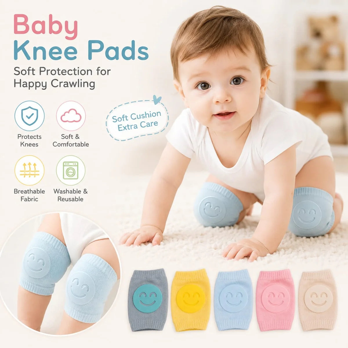 ✨ Baby Anti-Slip Crawling Knee Pads | Breathable Cotton Elbow & Knee Protector – [Buy 1 Get 1 Free] 👶