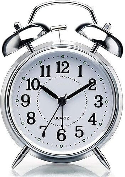 ✨ Retro Twin Bell Metal Table Clock | Silent Sweep Movement, Night Backlight & High-Volume Loud Alarm – 4.5" (Silver Vintage) ⏰